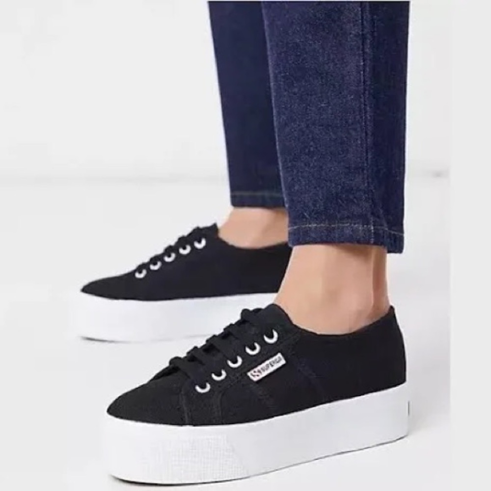 Superga Black Leather Platform Sneakers with White Sole 6.5M
